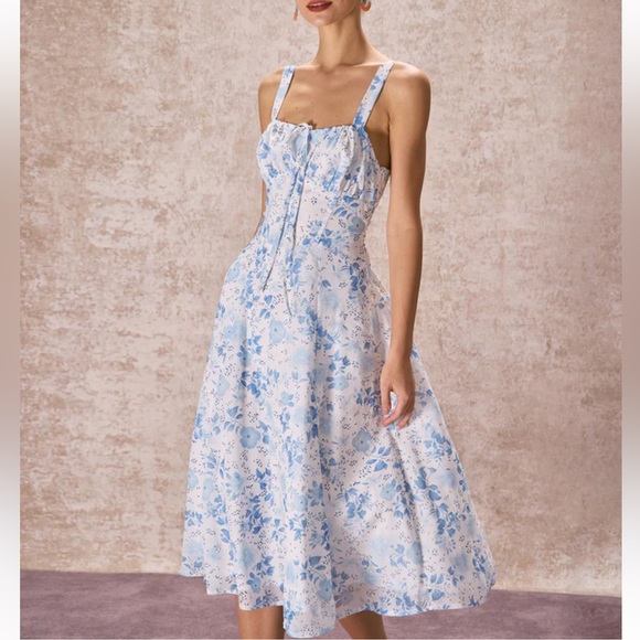 RIHOAS Dresses & Skirts - Rihoas Blue Square Neck Floral Ruched Midi Dress